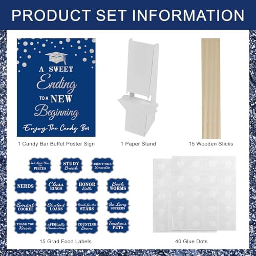 Graduation Candy Buffet Labels for Grad Party Decorations, Graduation Candy Bar Dessert Food Label Signs Set, Class of 2026 Grad Parties Table Decor Supplies (Blue and Silver)