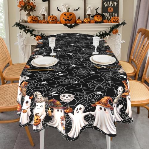 Black Halloween Tablecloth Oval 52x70 Inch, Washable Fabric Spider Web Ghost Table Cloth Oval Halloween Tablecloth Table Cover for Kitchen Dining Party