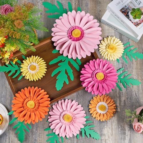 PAPER JAZZ Paper Flower Wall Decor, Handmade 3D Daisy Party Decoration Large Paper Flower in Pink, Orange, Yellow with Green Leaves, Modern Home Wall Art for Bulletin Board,Easter