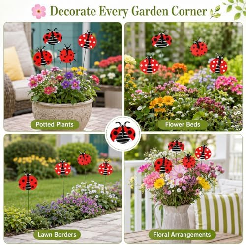 RAINFLOW 30 PCS Ladybug Garden Stakes - 25cm Red 3D Plant Picks for Pots