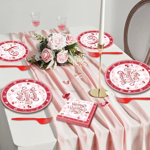 96 Pieces Valentine’s Day Tableware Set – Red and White Disposable Plates, Napkins, and Forks with Heart Balloons Designs for Romantic Dinners, Weddings, and Love-Themed Parties – Serves 24