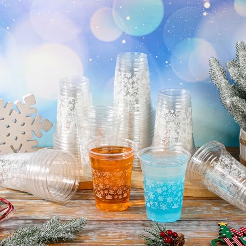 AimFun 100 Ct Snowflakes Plastic Cups Christmas Clear Party Cup, 12oz