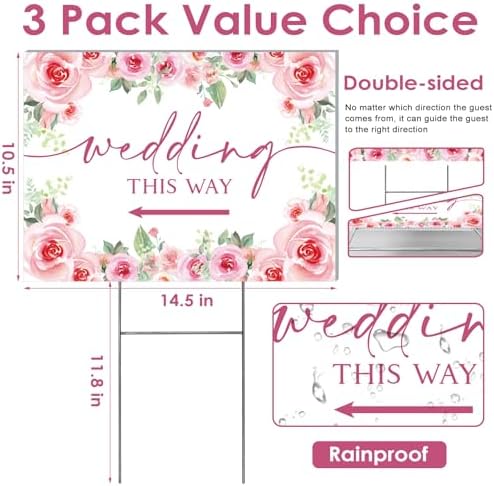 3 Pack 14.5” x 10.5” Wedding This Way Signs Double Sided Printed Wedding Direction Sign with Stakes for Ceremony Reception Lawn Yard Direction Arrow Signs Exquisite Plastic Rainproof Party Supplies,Rose Floral