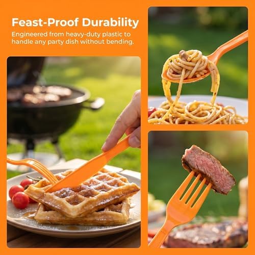 90Pcs Orange Plastic Silverware Set, Disposable Forks Spoons Knives