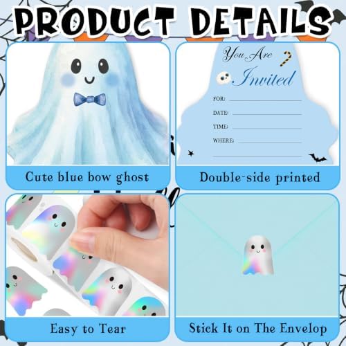 25 Pack Boo Blue Ghost Halloween Invitations Card with Envelopes
