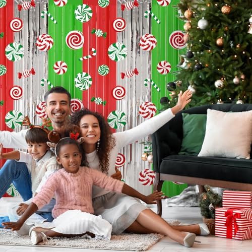 Blosssound 2 Packs Christmas Candy Foil Fringe Curtains 3.3x6.6ft Xmas