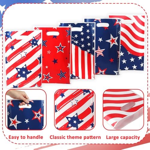 4th of July Treat Bags, 50PCS 4th of July Gift Bags with Handles, Plastic Red White and Blue Patriotic Star Cookie Goodie Candy Party Favor Bag for Independence Day Party Decoration Supplies, 6.7"x10"