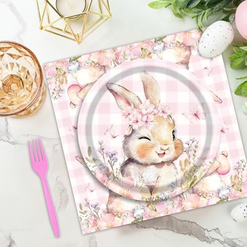 100 Pieces Easter Bunny Party Tableware Set – Pink Plaid Floral Rabbit Plates, Napkins and Forks, Spring Disposable Dinnerware for Easter Party, Birthday and Baby Shower Supplies