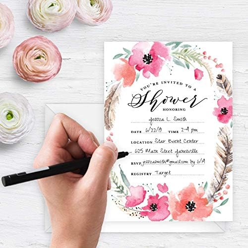 Canopy Street Boho Spirit Fill In The Blank Shower Invitation / 25 Bridal Shower Invitations With White Envelopes / 5" x 7" Flat Boho Baby Shower Invite