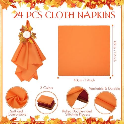 LemonRoad 36 Pcs Cloth Napkins and Napkin Ring Holders, Reusable Fabric for Table Decor Banquet Holiday Dinner Party Supply(Orange,White, Burgundy, Coffee,Fall)