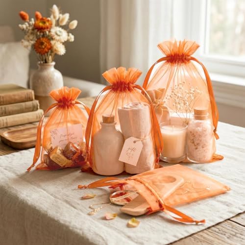 FUNFERY 100PCS Orange Organza Gift Bags 6x9in,Drawstring Pouch for Jewelry