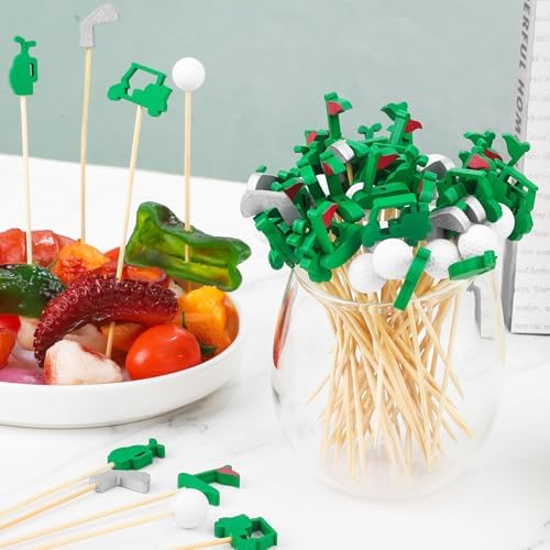 Aodaer 200 Pieces Golf Cocktail Picks for Appetizers 4.7 Inch Golf Themed Decorative End Fruit Toothpicks Skewers Bamboo Cocktail Picks for Sports Catered Events Buffet Party Supplies, Green