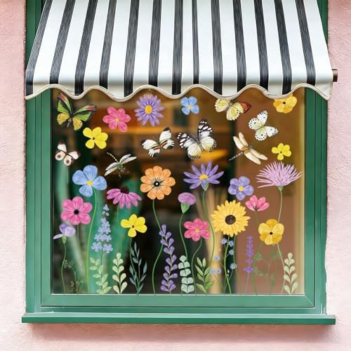 6 Sheets 67Pcs Summer Flower Butterfly Static Window Clings Reusable Double Sided Floral Window Decals for Glass Windows Doors Spring Home Decor for Kids Room Living Room Kitchen