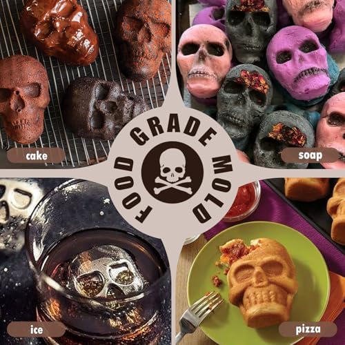 HKNMTT Skull Silicone Baking Pan for Halloween Pizza Cake, 6 Cavities 3D Large Molds, Nonstick Skeleton Head for Soap Ice Tray Oven Safe