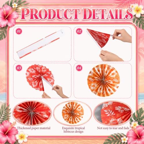 Outus 9 Pcs Tropical Hibiscus Paper Fans Hawaiian Party Decorations