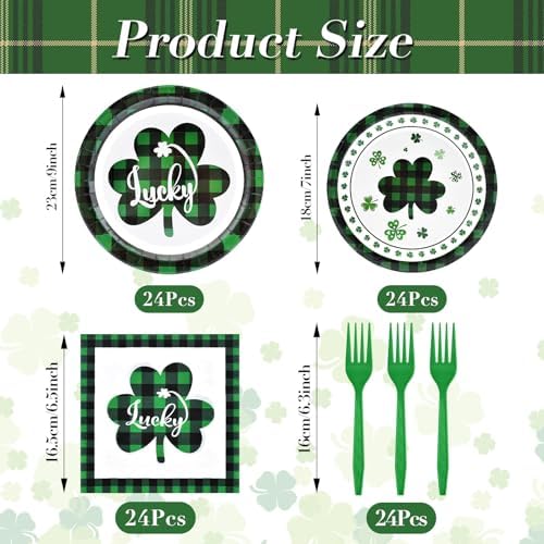 96 Pieces St. Patrick’s Day Tableware Set – Green and Black Plaid Shamrock Disposable Plates, Napkins, and Forks for Irish Party, Lucky Clover Celebration St. Paddy’s Day Dinner – Serves 24 Guests