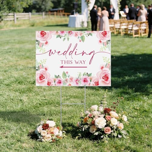 8 Pcs 17 × 8.5" Wedding This Way Directional Parking Signs Road with Stakes Large Double Sided Direction Printed Ceremony Reception Lawn Yard Arrow Sign Exquisite Plastic Rainproof (Pink Rose)