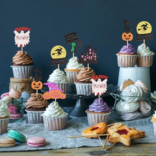 Ercadio 30Pcs Happy Halloween Cupcake Toppers Witch Pumpkin Black House Bats Cats Cupcake Picks for Gender Reveal Halloween Birthday Cupcake Decorations Halloween Party Supplies