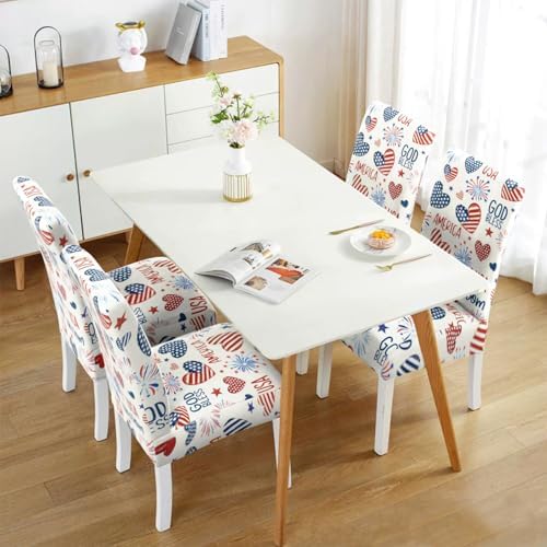 Independence Day Dining Room Chair Covers Set of 4,4th of July Fireworks Hearts Dining Chair Cover,Stretchy Removable Washable Dining Chair Cover,Suitable for 4th of July Kitchen Dining Room Decor
