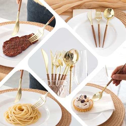 N9R 180PCS Gold Plastic Silverware, Disposable Wood Grain Utensils/Cutlery
