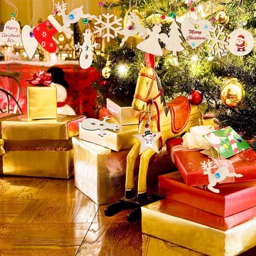 DECYOOL 50Pcs Christmas Wooden Ornaments Set, 10 Styles Plain DIY Crafts