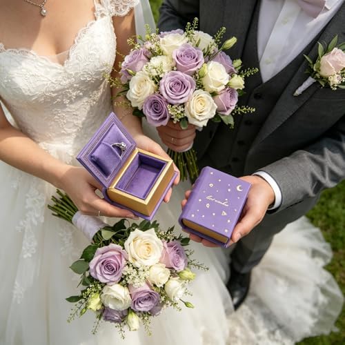 Book Shaped Ring Box - Vintage Engagement Ring Box with Hinged Lid for Proposal Engagement Wedding, Proposal Ring Case -PRB026-Purple