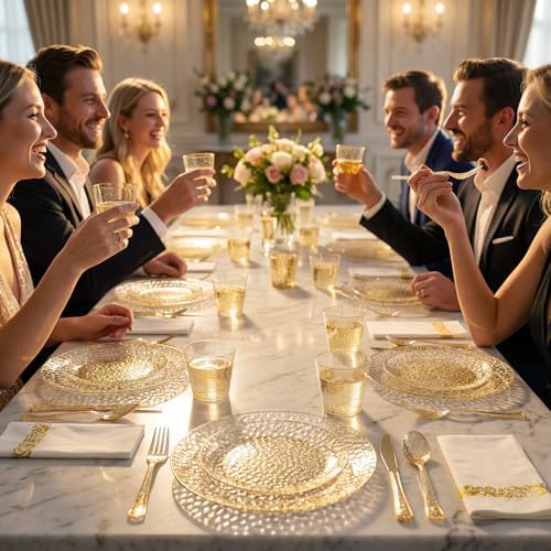 Rubtlamp 350 Pcs Gold Glitter Plastic Plates, Hammered Disposable Plates Set (50 Guests), Glitter Dinnerware Set Include 100 Plastic Plates, 150 Glitter Silverware, 50 Cups And 50 Napkins