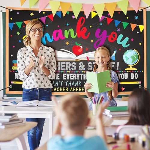 Happy Teacher Day Banner Teacher Appreciation Week Decorations Flag Outdoor 71x44 Inch School Classroom Backdrop,Thank You Teacher Gifts for Indoor Home Party Supplies,Yard Sign Photography Background