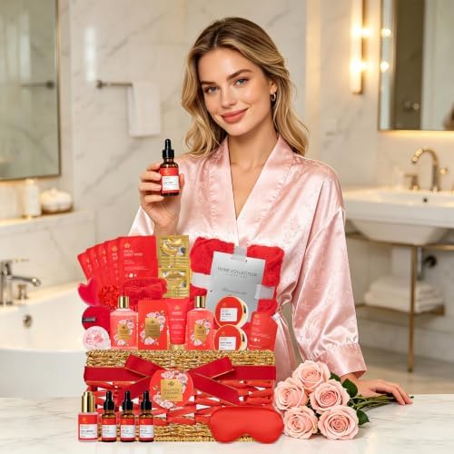35 Pcs Birthday Gifts for Women, Rose Home Spa Gifts Basket, Self-Care Set