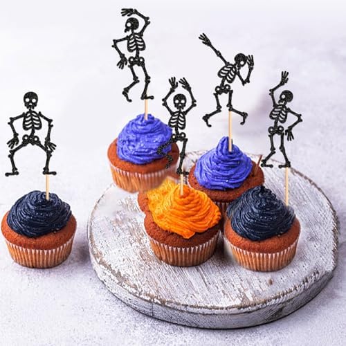 25Pcs Glitter Black Skeleton Cupcake Toppers Human Dance Skeleton Cupcake Picks for Halloween Party Decorations Horror Halloween Boys Girls Goth Birthday Wedding Cupcake Decorations