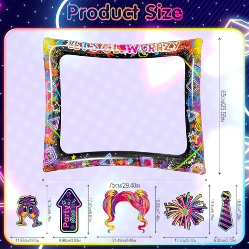 Glow Neon Inflatable Photo Frame & Props, 30Pcs Neon Photo Booth Props with Let's Glow Crazy Inflatable Selfie Picture Frame for Neons Disco Black Light Party Supplies
