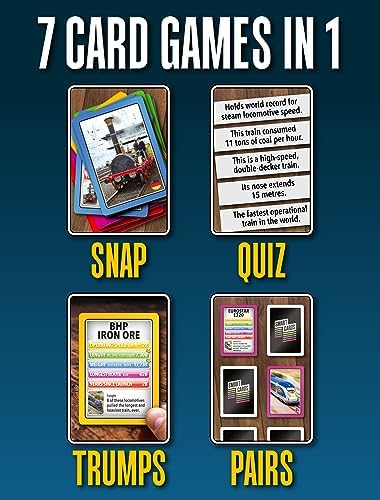 SMART CARDS Trains Card Game. 50 Cards, 7 Games; Pairs, Snap, Trumps, Rummy, Train Trivia Facts Quiz. Top Travel Games, Gift, Stocking Stuffer, Age 5+, 1-8 Players