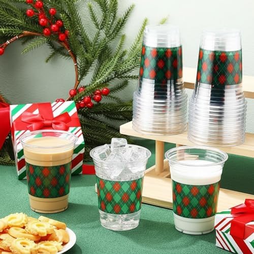 100 Pcs 16 oz Christmas Party Cups Red and Green Plaid Checkered