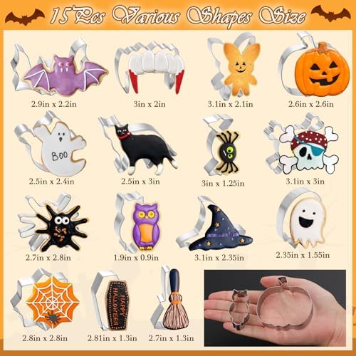 15 Pcs Halloween Cookie Cutters Stainless Steel Fall Cookie Cutter Shape Set DIY Holiday Biscuit Cutter Mold with Ghost Pumpkin and more Halloween Set for Food Party Baking Supplies Decorations