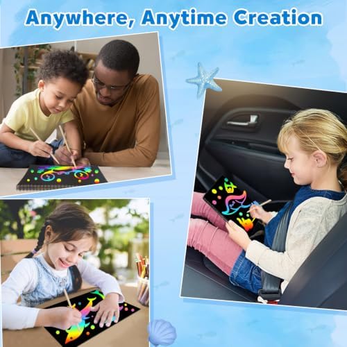ZMLM Scratch Paper Art Craft: 2 Pack Rainbow Scratch Set for 3 4 5 6 7 8 9 10 Years Old Girls Boys Students Drawing Coloring Black Magic Art Supplies Kits Gifts School Birthday Party Toys (Ocean)