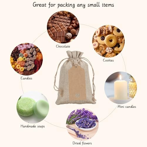 Tapleap 30Pcs Small Burlap Gift Bags, 4x6”- With Tags & Strings