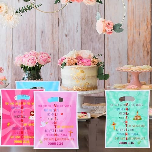 EUVBOKW 100 Pcs Religious Valentine's Day Gift Bags,Valentine Treat Bags John 3:16 Bible Verse Christian Party Favors,Ideal for Classroom and Sunday School