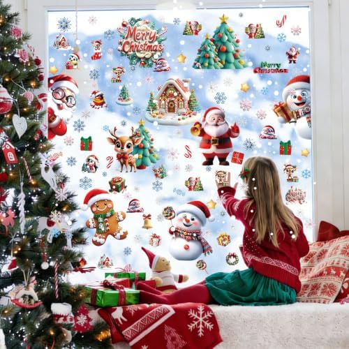 Famoby 10 Sheets 300Pcs Christmas Window Clings Decals Static Window Stickers for Christmas Snowflake Winter Holiday Home Indoor Decorations Windows Décor Christmas Decal Stickers Glass Door Decor