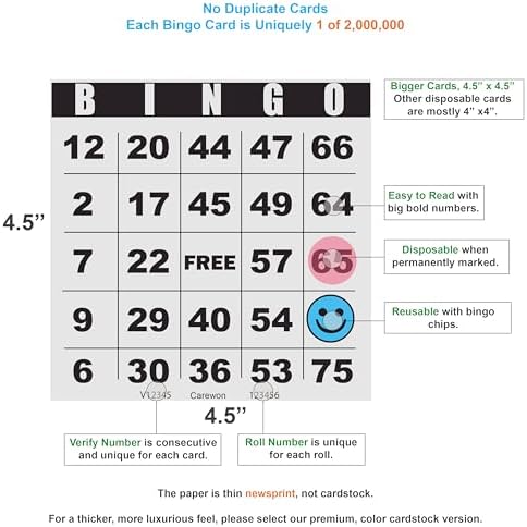 200 Bingo Cards, Large 4.5 x 4.5 Inch, Paper Bingo Sheets