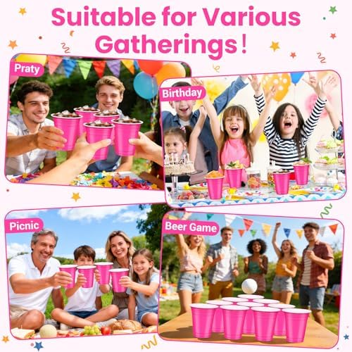 50 Pcs Hot Pink Plastic Cups, 12 oz Disposable Cups for Party