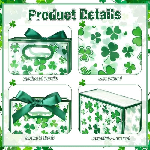 Capoda 24 Pack St Patrick's Day Shamrock Gift Bags with Handles Clover Party Favor Bag Reusable Plastic St Patricks Goodie Bags, 10x7x3 Inch Lucky Clover Treat Bag for Holiday Party Supplies