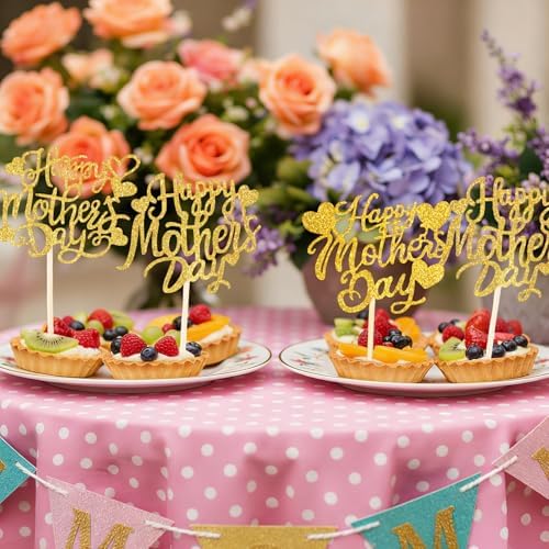 Happy Mothers Day Cake Topper, 24 Pcs Mothers Day Cupcake Toppers, Glitter Gold Happy Mother's Day Cupcake Toppers Food Picks Cake Decoraitons for Birthday Mothers Day Decorations