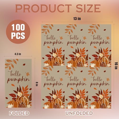 100pcs Fall Pumpkins Disposable Paper Napkins 2-Ply Absorbent Thanksgiving Harvest Autumn Dinner Guest Towels for Fall Party Bathroom Table Decor