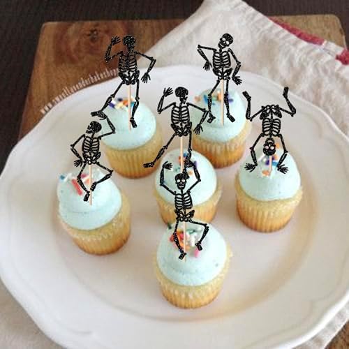 30 PCS Halloween Skull Cupcake Toppers Glitter Skeleton Dance Cupcake Picks Happy Halloween Party Decorations for Skull Baby Shower Kids Boys Girls Birthday Party Cake Decorations Supplies Black