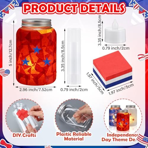 Qinyoung 12 Pcs Memorial Day Crafts Independence Day Mason Jars Craft with LED Candle Light DIY 250th Anniversary Patriotic 4th of July Decorations for Memorial Independence Projects Activity