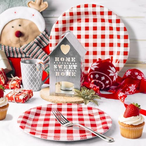 Vyntra 50 Pcs Red Gingham 7 Inch Round Paper Dessert Plates
