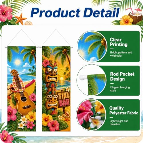 Cinrobiye 4 Pcs Hawaiian Luau Party Porch Sign Decorations, Tropical Aloha Door Banner with Tiki Flamingo Beach Design, Summer Party Hanging Backdrop for Tiki Bar, Birthday, Outdoor Indoor Events