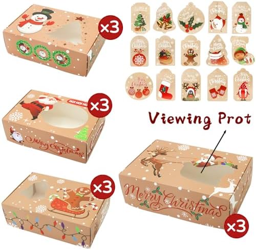ZMCINER 12 PCS Christmas Cookie Boxes for Gift Giving Christmas Bakery Boxes Treat Boxes Baking Boxes with Window for Pastries, Cupcakes, Brownies, Donuts, Gift-Giving 8.75 x 5.75 x 2.75 Inches