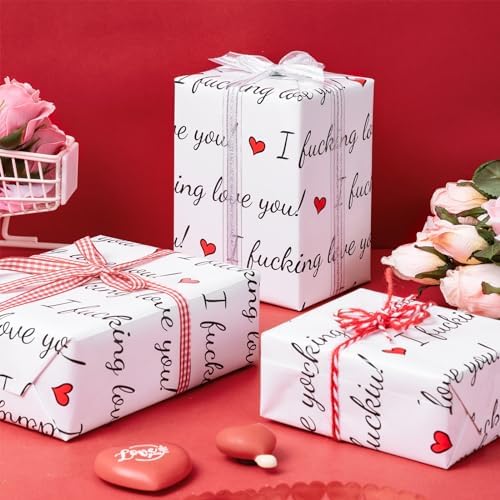 WRAPAHOLIC Funny Rude Valentines Day Wrapping Paper Roll - Mini Roll - 17 Inch x 16.5 Feet - I Fucking Love You Funny Wrapping Paper for Valentine's Day, Wedding, Anniversary, Adults Birthday