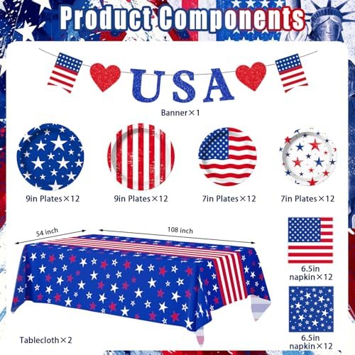 4th of July Decorations - Patriotic Party Supplies Set for 24 - Red White and Blue Tableware Kit with Plates, Napkins, Tablecloth and Glitter Banner for Independence & Election Day